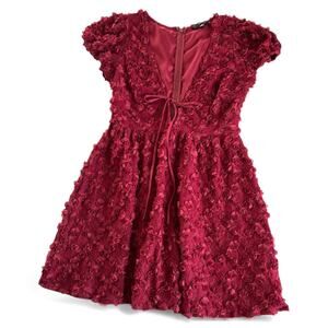 Lulus Elegant Delight Wine Red 3D Floral Lace Puff Sleeve Mini Dress Size Medium
